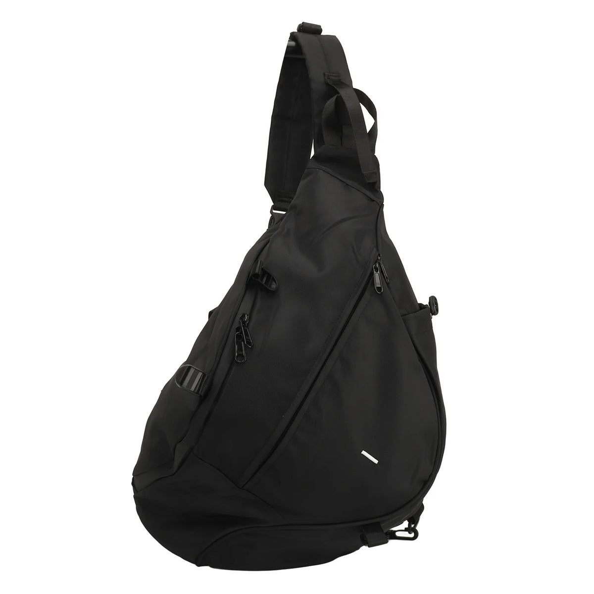 Schwarze, strapazierfähige, wasserdichte Oxford-Schlingtasche von der Seite.