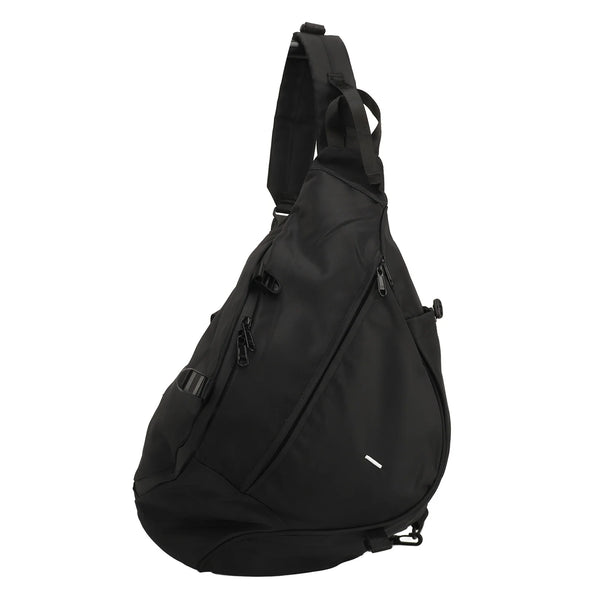 Schwarze, strapazierfähige, wasserdichte Oxford-Schlingtasche von der Seite.