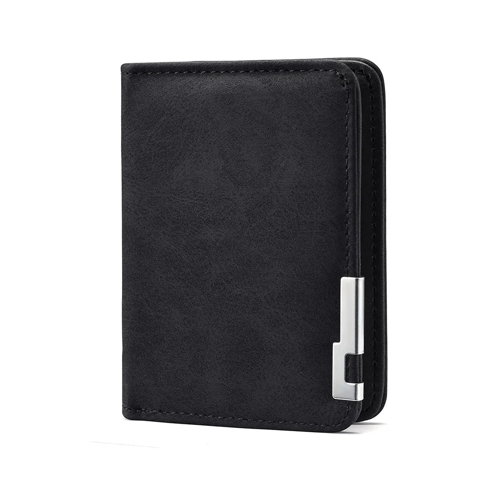 Black retro PU leather men's wallet with card slots shown from the side.