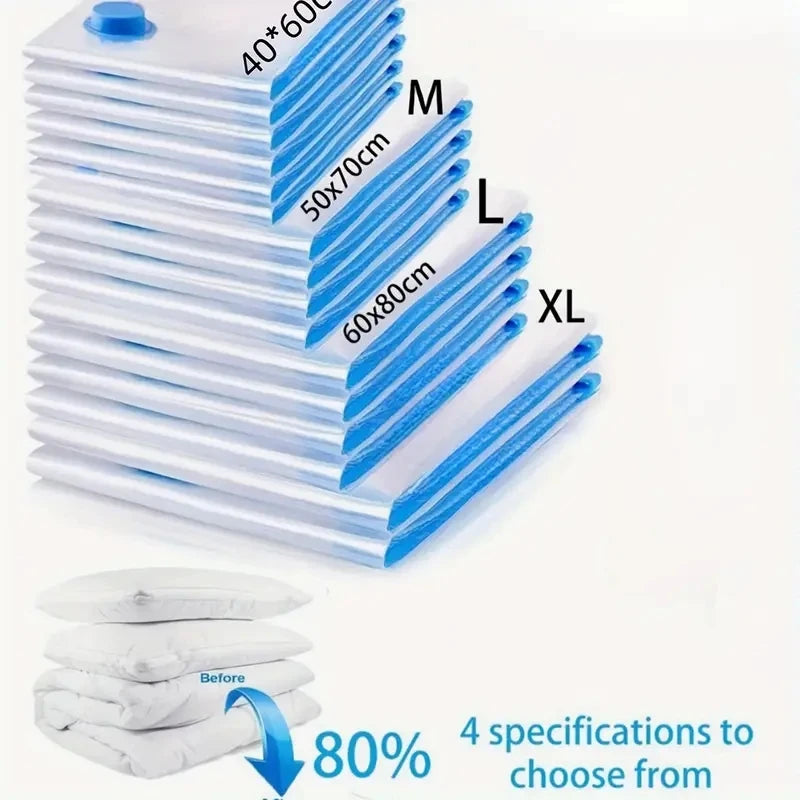 Stack of white reusable vacuum compression storage bags labeled S, M, L, and XL sizes.