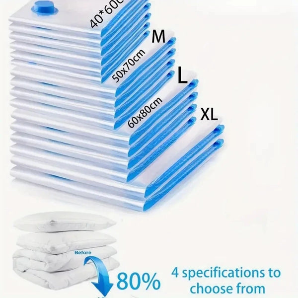 Stack of white reusable vacuum compression storage bags labeled S, M, L, and XL sizes.