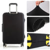 Black thick elastic luggage protective cover with silver handle and yellow accents