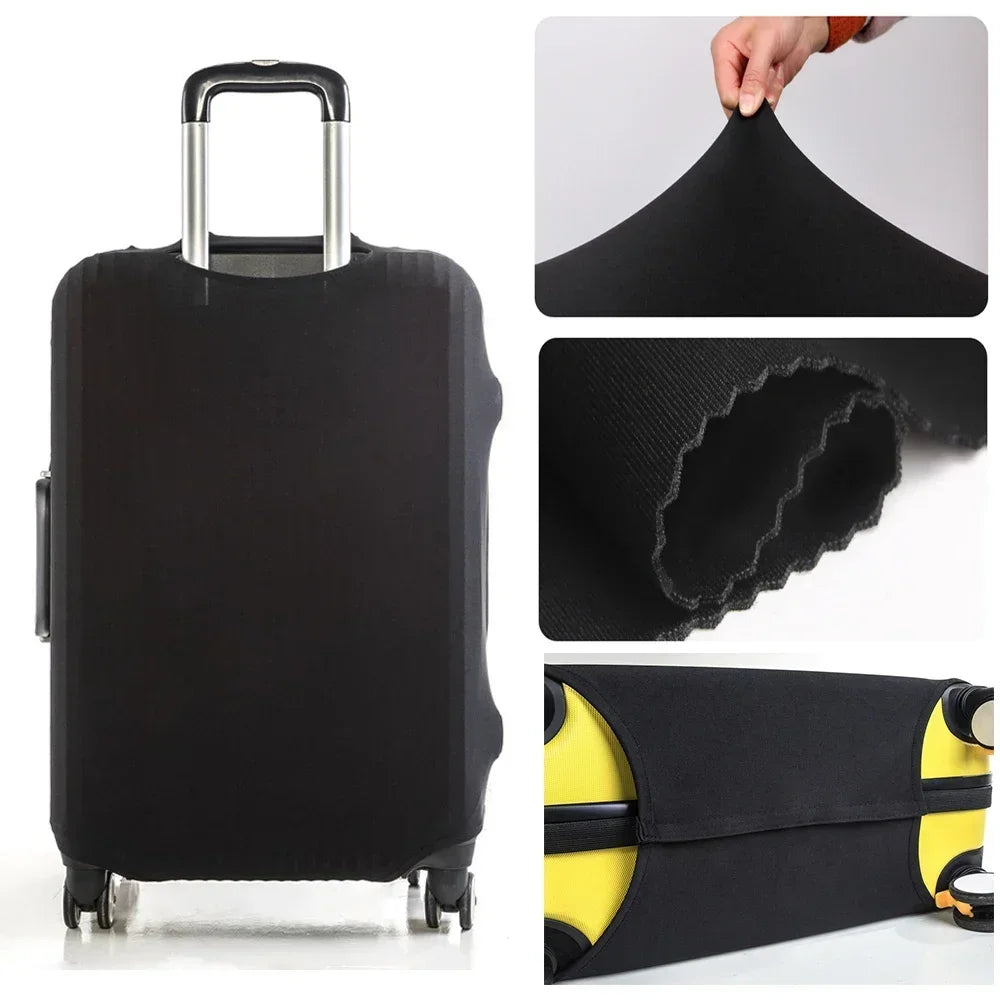 Black thick elastic luggage protective cover with silver handle and yellow accents