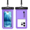 A purple waterproof phone case with a black strap, shown from the front.