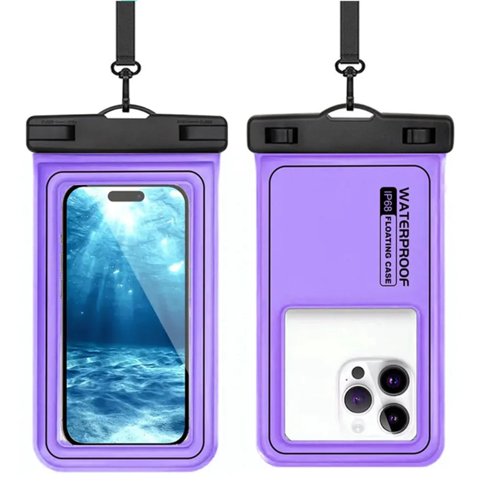 A purple waterproof phone case with a black strap, shown from the front.