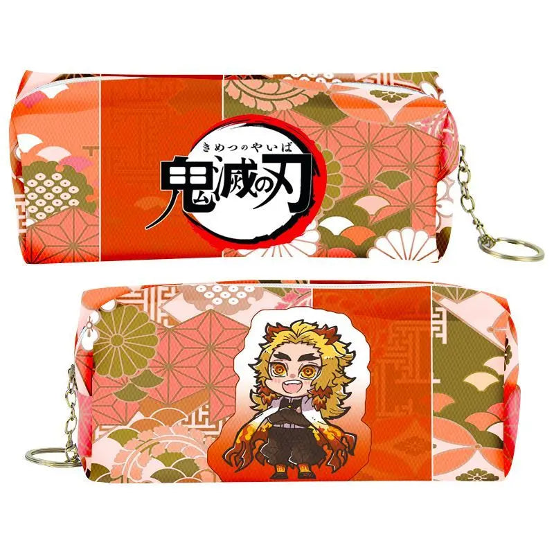 Orange and pink patterned Demon Slayer PU leather pencil case with a zipper.