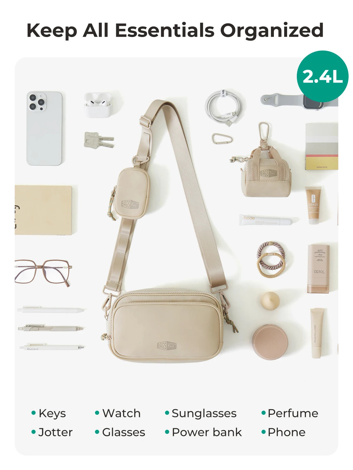 Beige multifunktionale Crossbodytasche, organisiert mit Schlüsseln, Uhr, Sonnenbrille und Handy.
