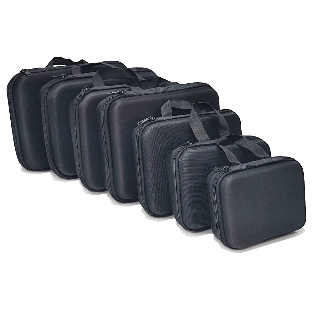 A row of black portable EVA storage and travel organizer bags.