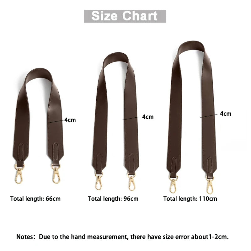 Size chart showing the length of an adjustable wide shoulder strap in different measurements.