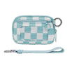 A light blue and white checkered wallet with an ID window and a matching strap.