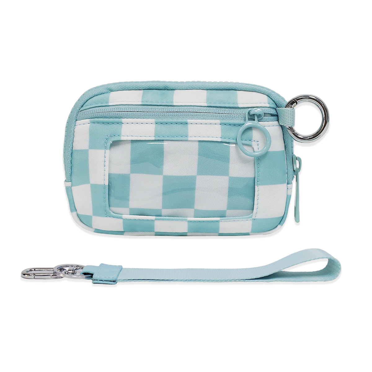 A light blue and white checkered wallet with an ID window and a matching strap.