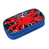 A blue zippered pencil case featuring a black and red spider web design on the lid.