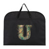 Black fabric dust cover and storage bag with a decorative letter U embroidered on it.