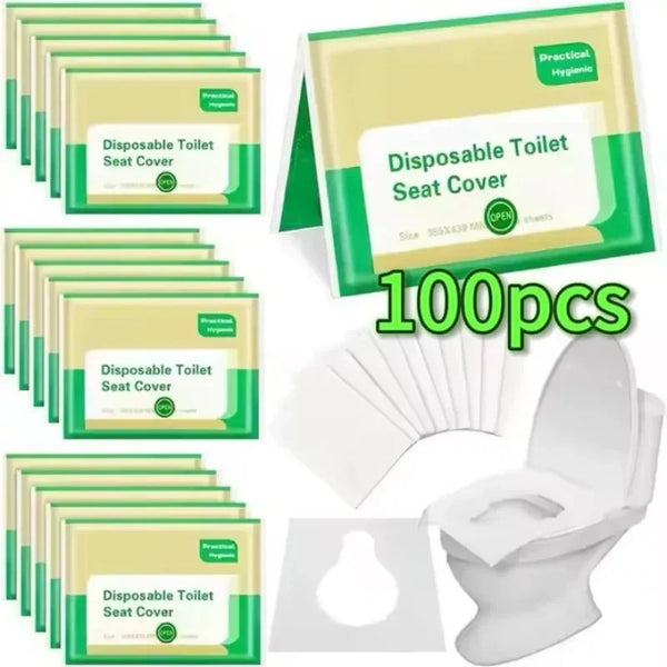 A set of 100 disposable toilet seat covers in green and yellow packaging for flushable travel essentials.