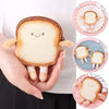A hand holds a cute cartoon toast bread plush toy, shown in various colors and angles.
