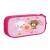 Pink zippered pencil case featuring cute dog illustrations and heart accents