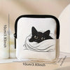 A white fabric coin purse or multi-use earphone case featuring a black cat illustration.