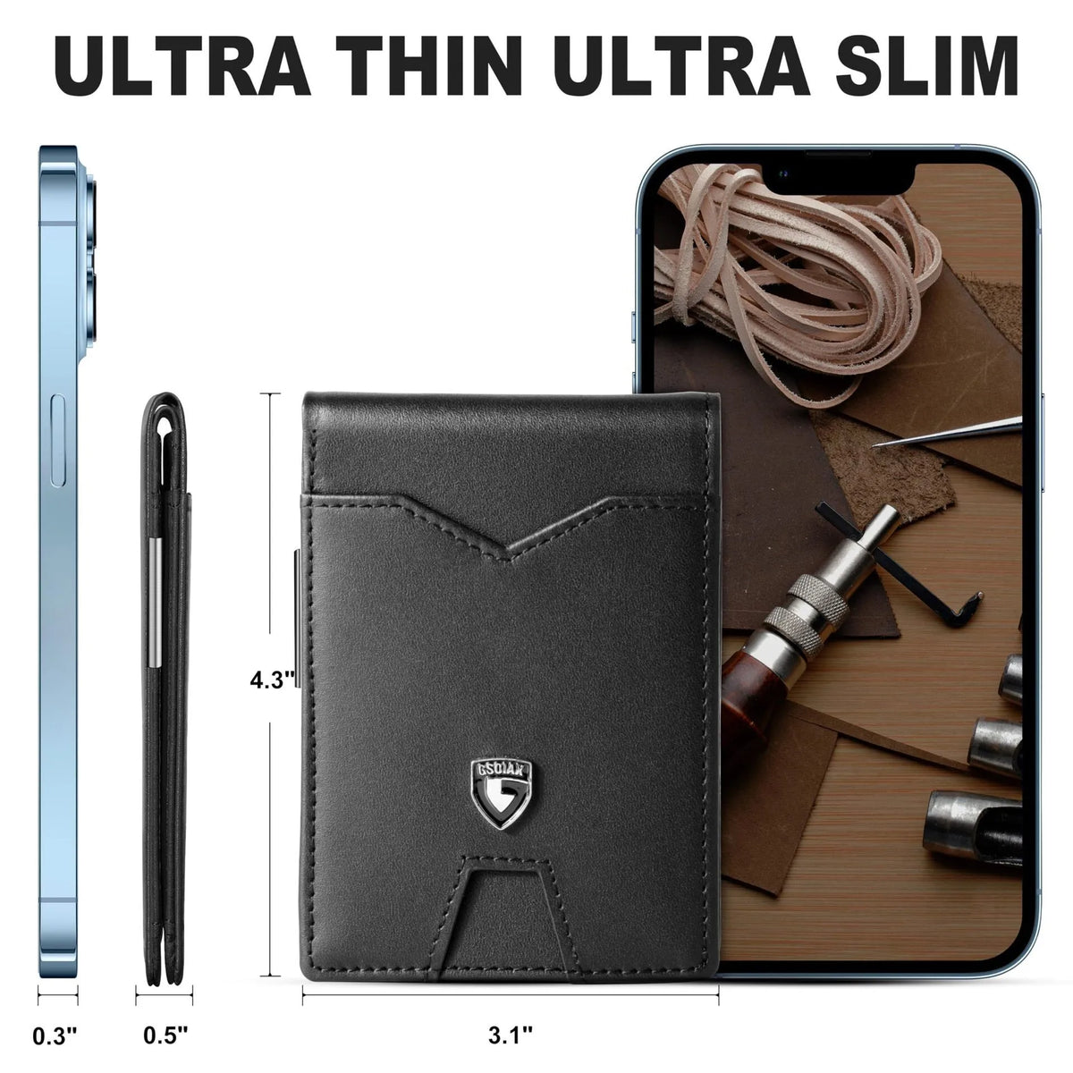 A black slim leather card holder with a geometric design shown next to a smartphone.