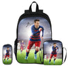 Schwarzer Rucksack mit Fußballspieler-Grafik und passender Tasche.