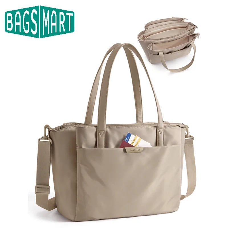 A beige premium women's laptop tote bag with shoulder straps shown next to a logo.