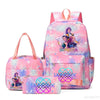 A pink and purple multi-compartment backpack set featuring a unicorn theme with various compartments.