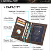 A brown leather passport card holder showing various compartments including a passport slot and coin pocket