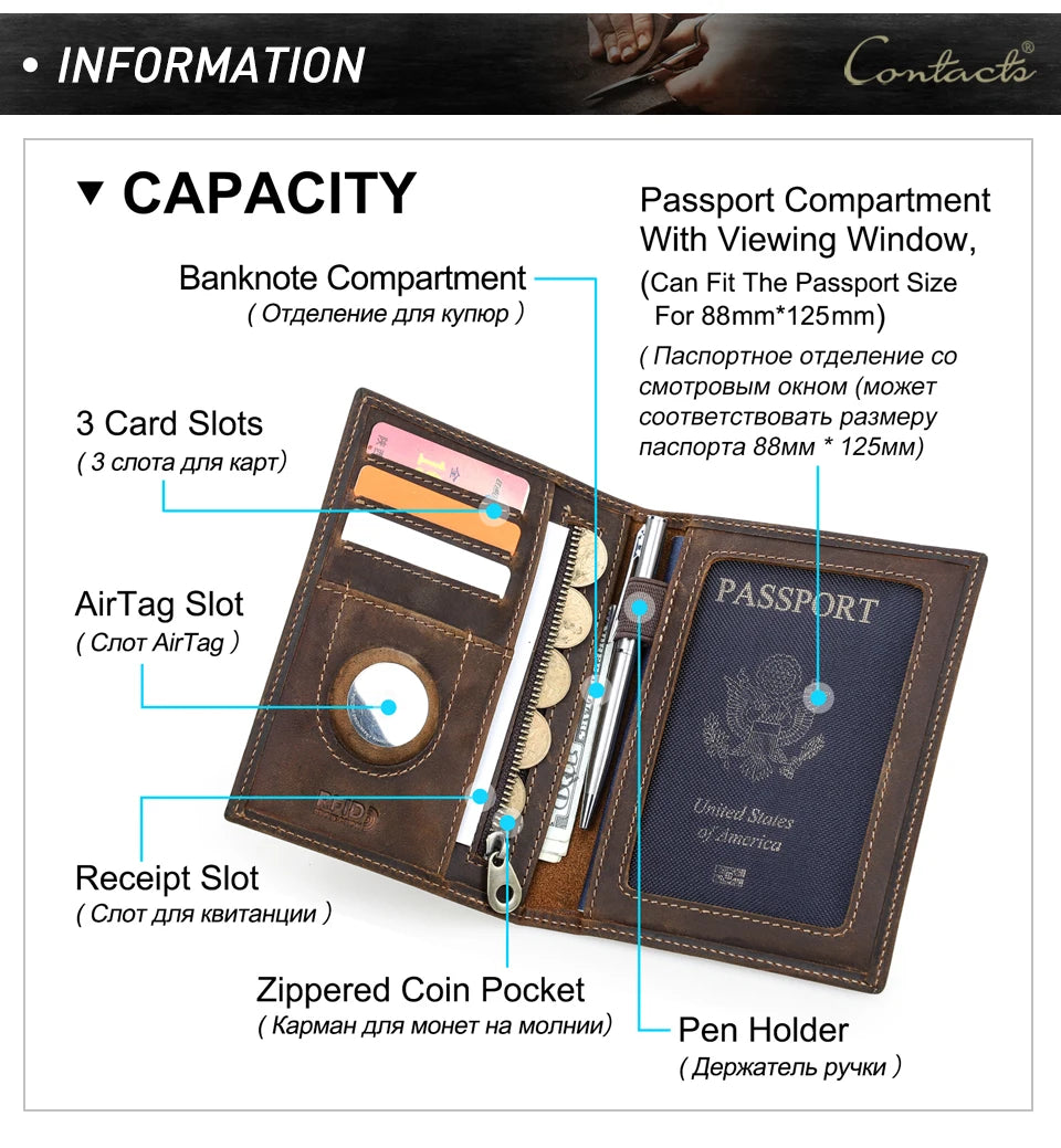 A brown leather passport card holder showing various compartments including a passport slot and coin pocket