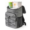 A gray insulated lunch backpack with a waterproof shell, containing a green drink and some food items.