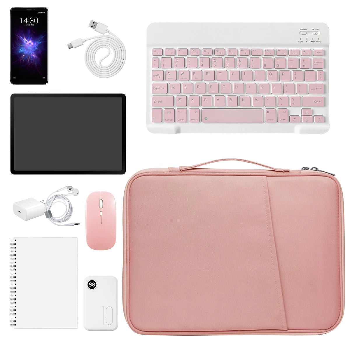 Funda protectora rosa para tableta o portátil, mostrada con accesorios como teclado, lápiz óptico y cuaderno.