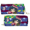 A purple and blue Demon Slayer themed PU leather pencil case with a zipper and a charm.