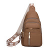 A brown PU leather crossbody chest bag with a beige strap and patterned trim.
