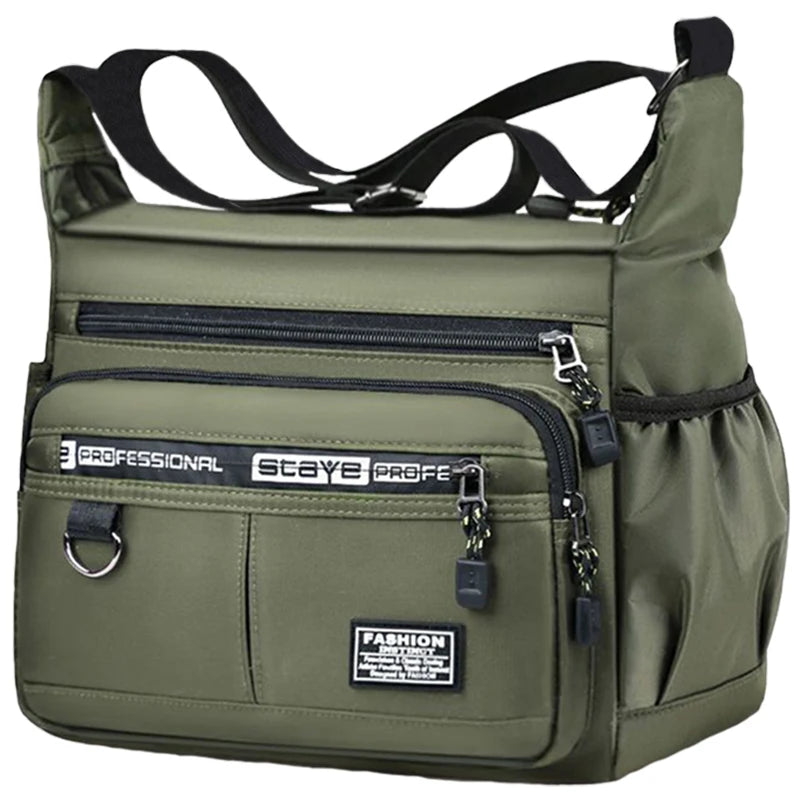 Olive green men's business crossbody bag with multiple zippered compartments
