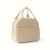 A beige reusable thermal insulated bento bag with a zippered top and padded compartments.
