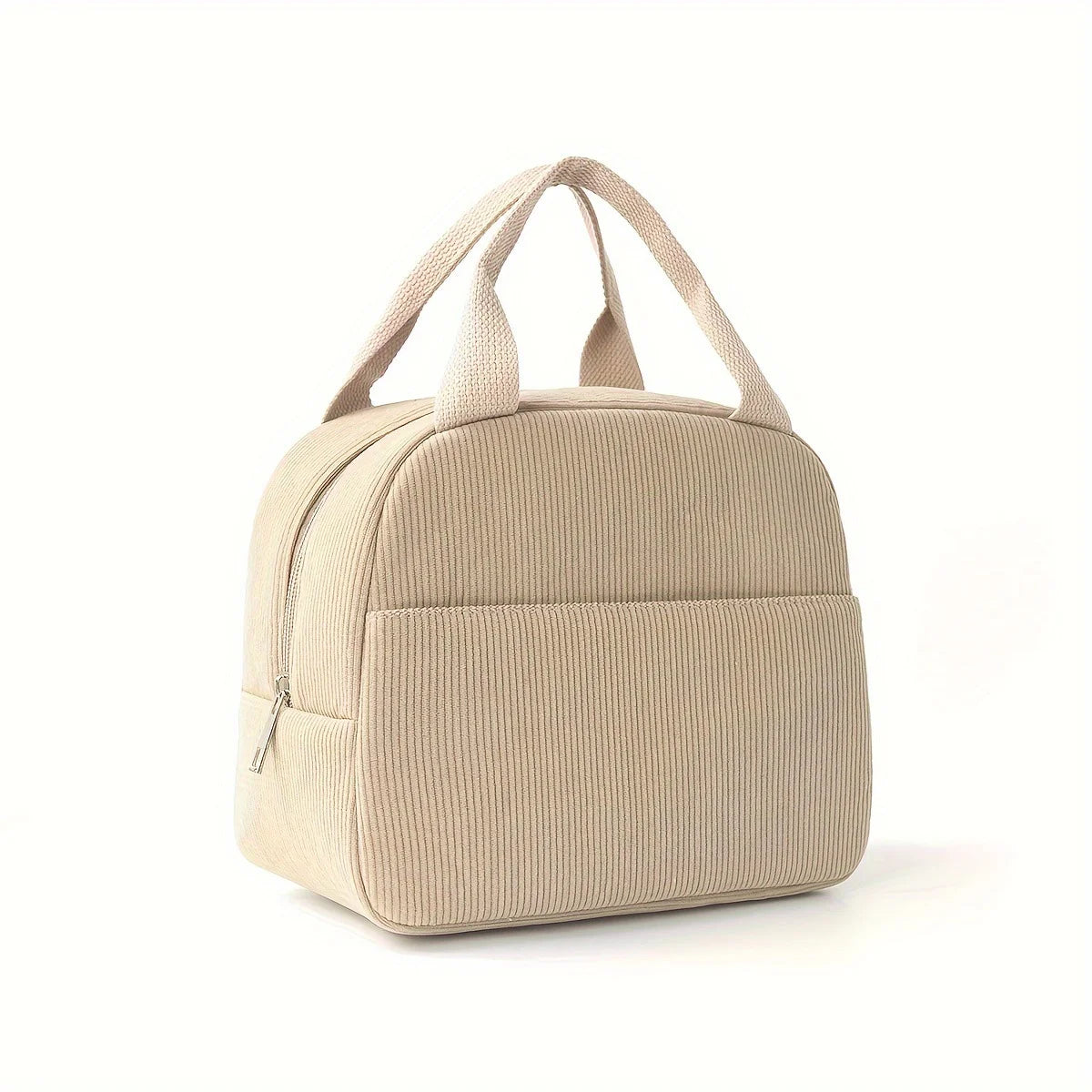 A beige reusable thermal insulated bento bag with a zippered top and padded compartments.