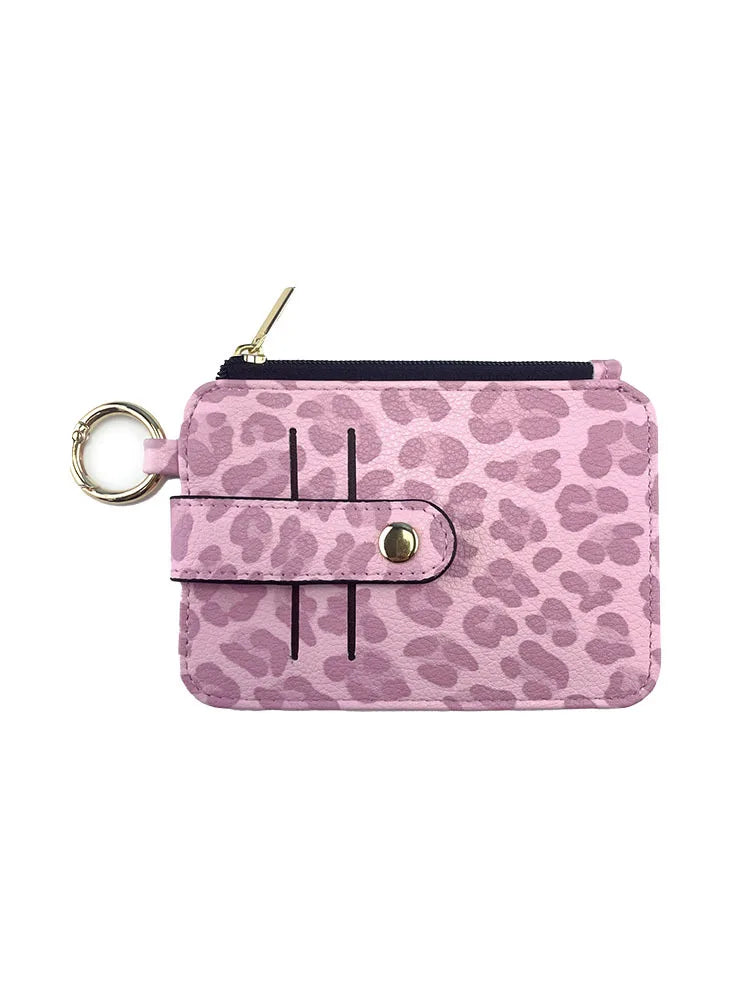 Pinkes Leopardenmuster-PU-Leder-Kartenvorrat mit goldfarbener Schnalle.