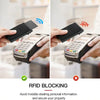 Hands demonstrate an RFID blocking device used to secure a credit card, showing both blocked and unblocked states.