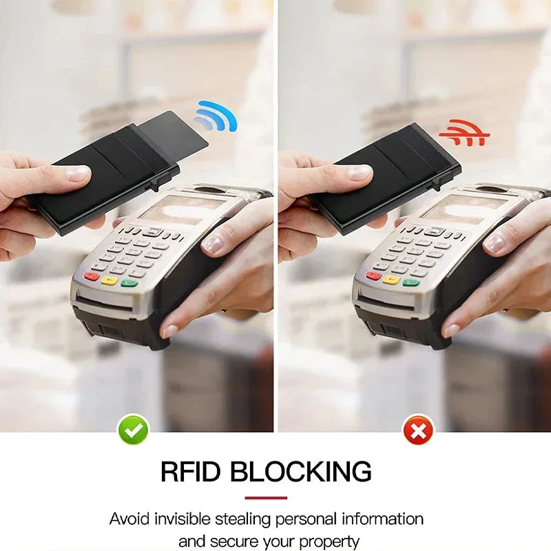 Hands demonstrate an RFID blocking device used to secure a credit card, showing both blocked and unblocked states.