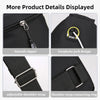 Details of a black men's casual multi-pocket shoulder bag showing a smooth zipper, earphone jack design, adjustable strap, an