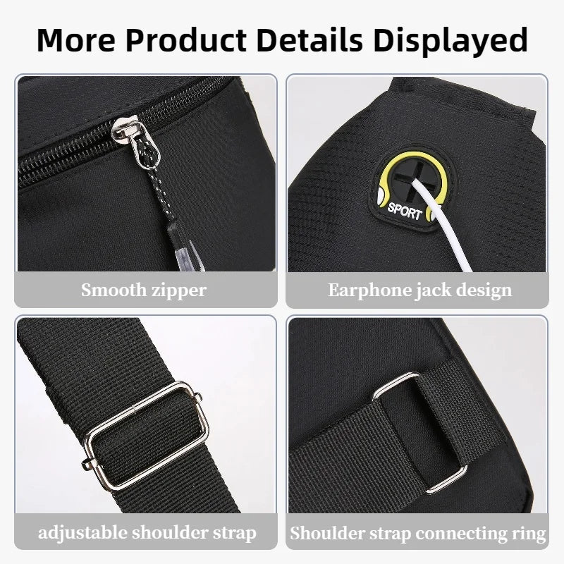 Details of a black men's casual multi-pocket shoulder bag showing a smooth zipper, earphone jack design, adjustable strap, an