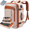 A beige expandable travel backpack with brown accents and multiple packing cubes visible.