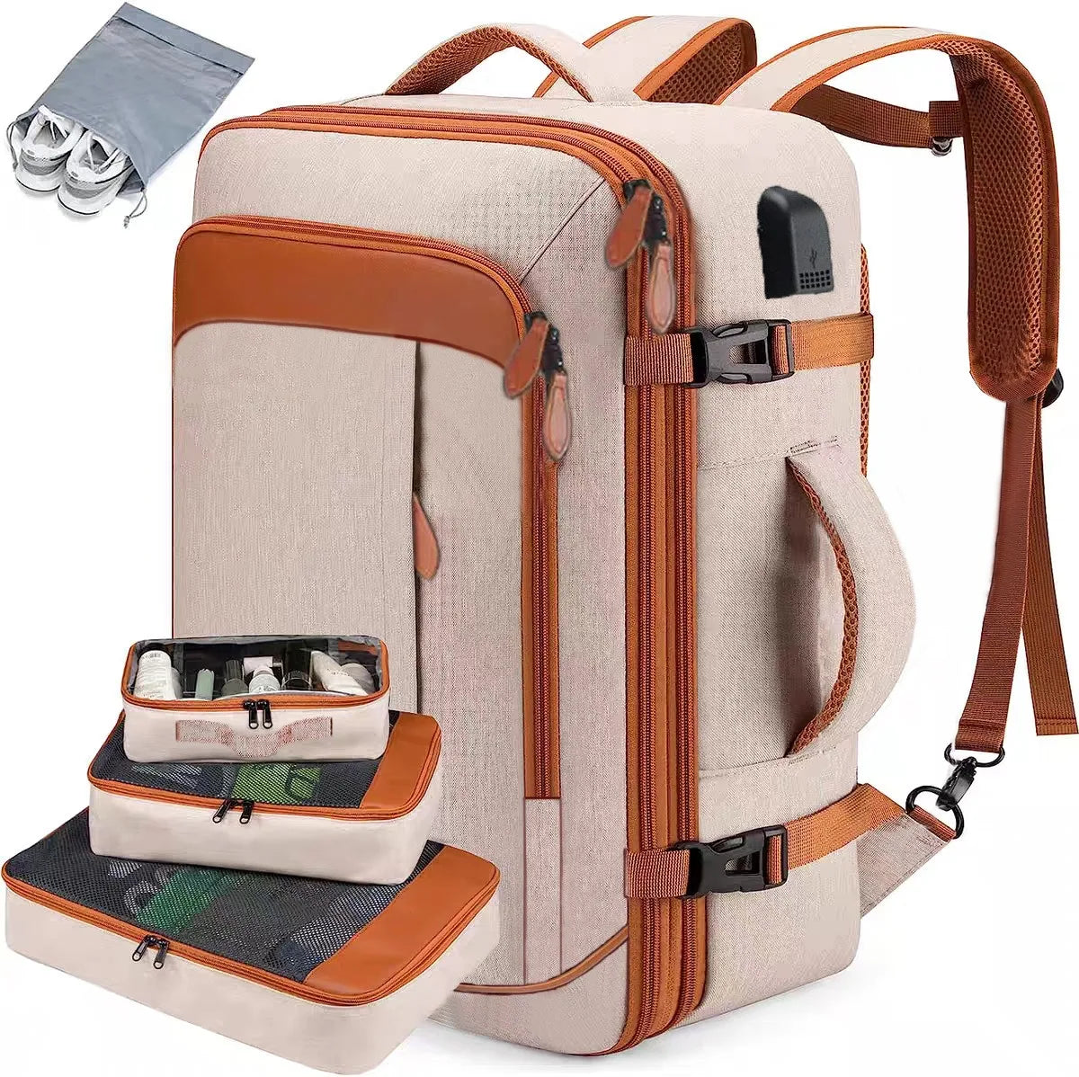A beige expandable travel backpack with brown accents and multiple packing cubes visible.