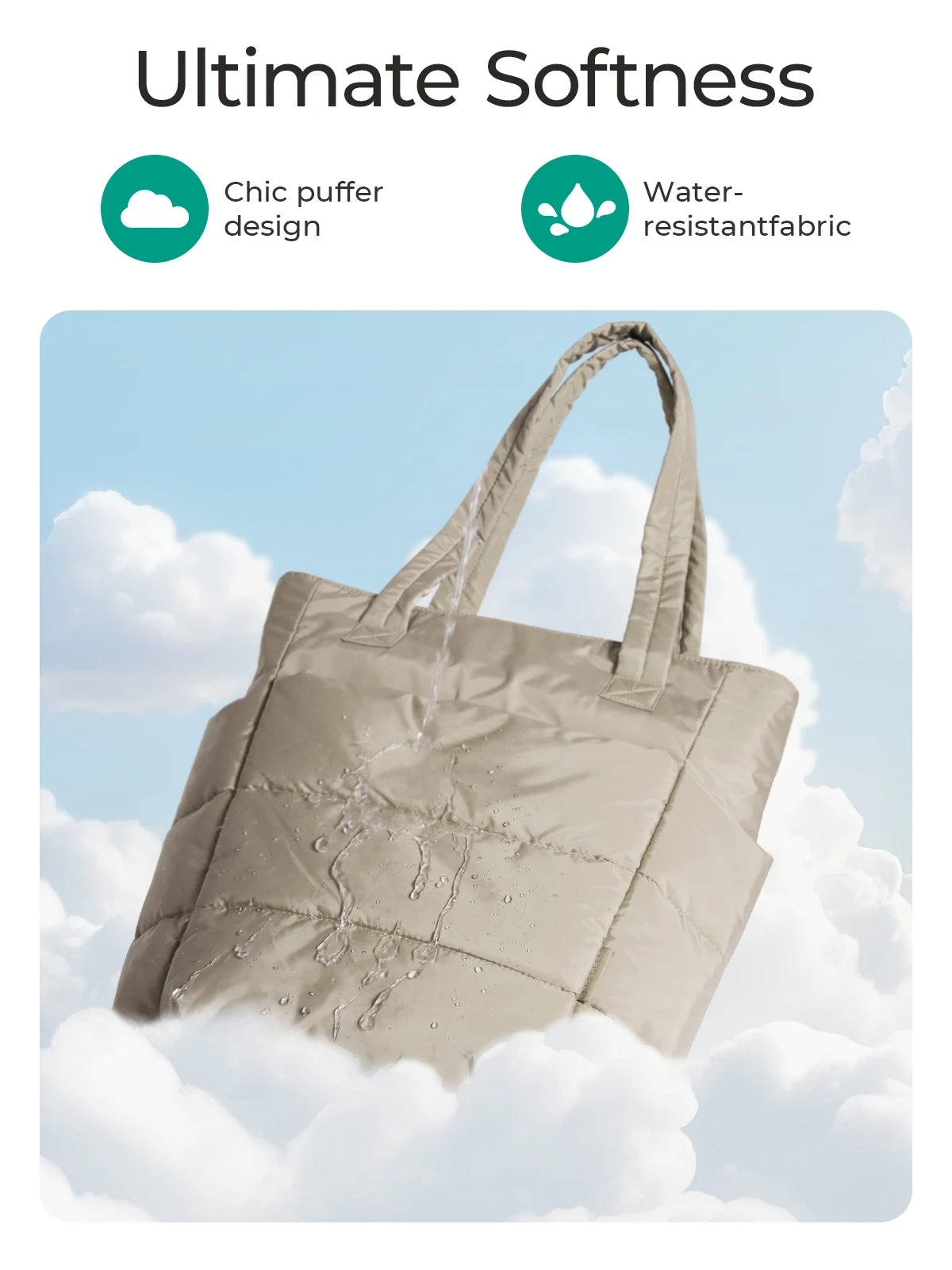 Sac fourre-tout matelassé beige avec des gouttelettes d'eau sur le tissu