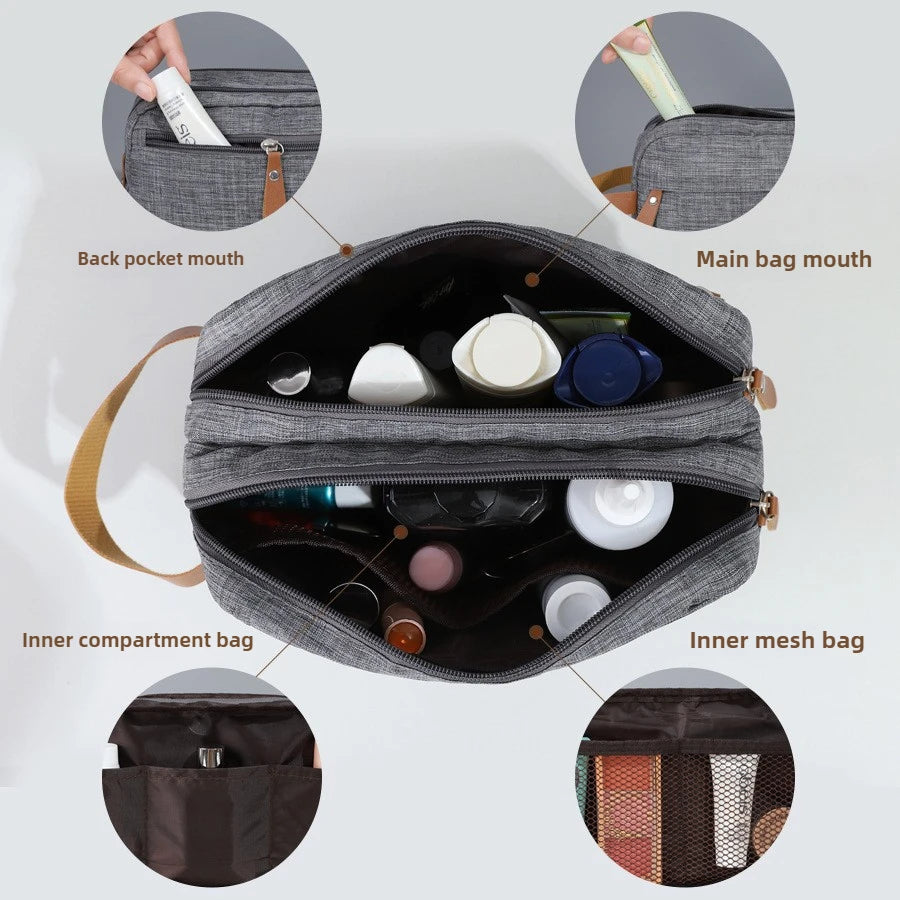 A gray portable travel storage pouch showing various compartments and mesh bags for cosmetics.