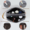 A gray portable travel storage pouch showing various compartments and mesh bags for cosmetics.