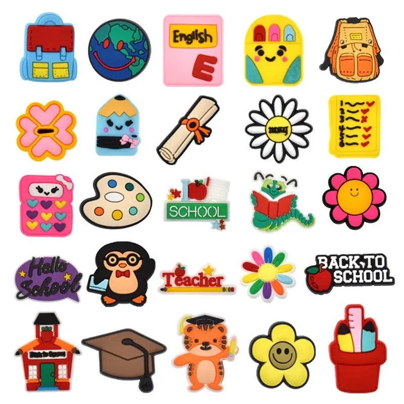 A collection of decorative shoe charms and pins for clogs and sandals, including various shapes and colors.