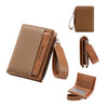 A tan leather zip-around wallet with card slots and a coin pocket shown in various views.