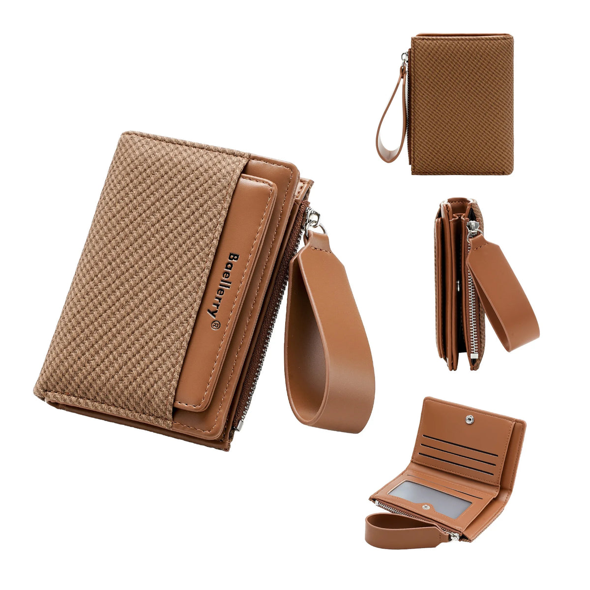 A tan leather zip-around wallet with card slots and a coin pocket shown in various views.