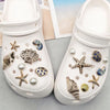 White shoe charms featuring starfish, shells, and pearls for beach-themed footwear