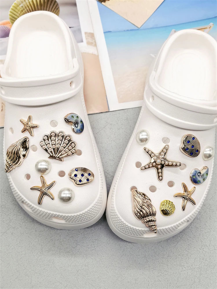 White shoe charms featuring starfish, shells, and pearls for beach-themed footwear