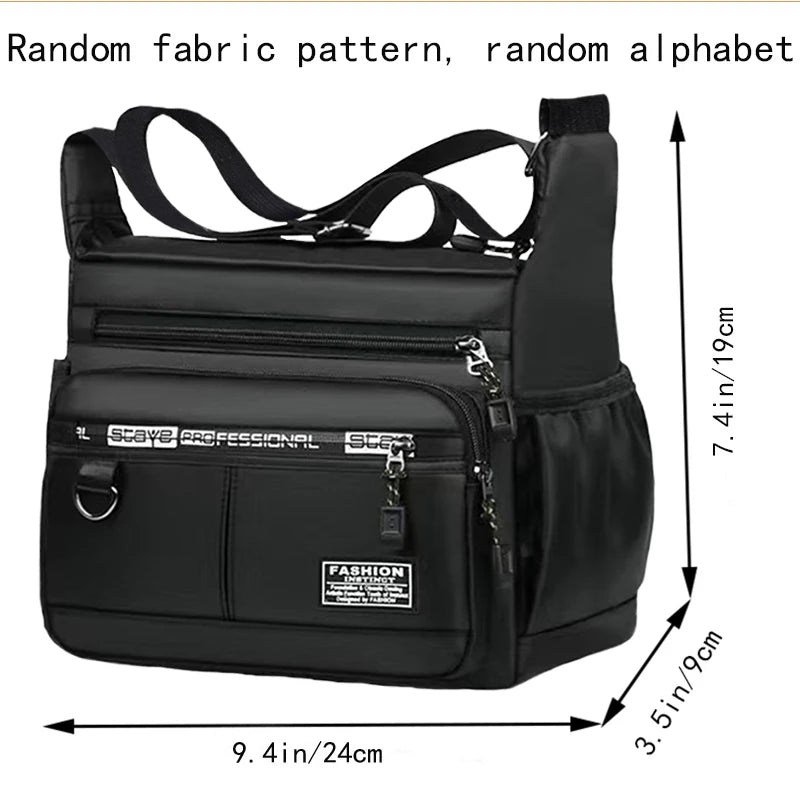 Black men's business crossbody bag with a random fabric pattern and alphabet print